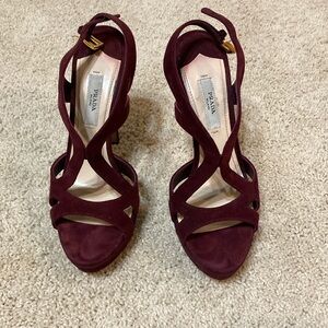 Prada Burgundy Heel Suede Leather Strappy Sandals Pumps 36.5 6.5